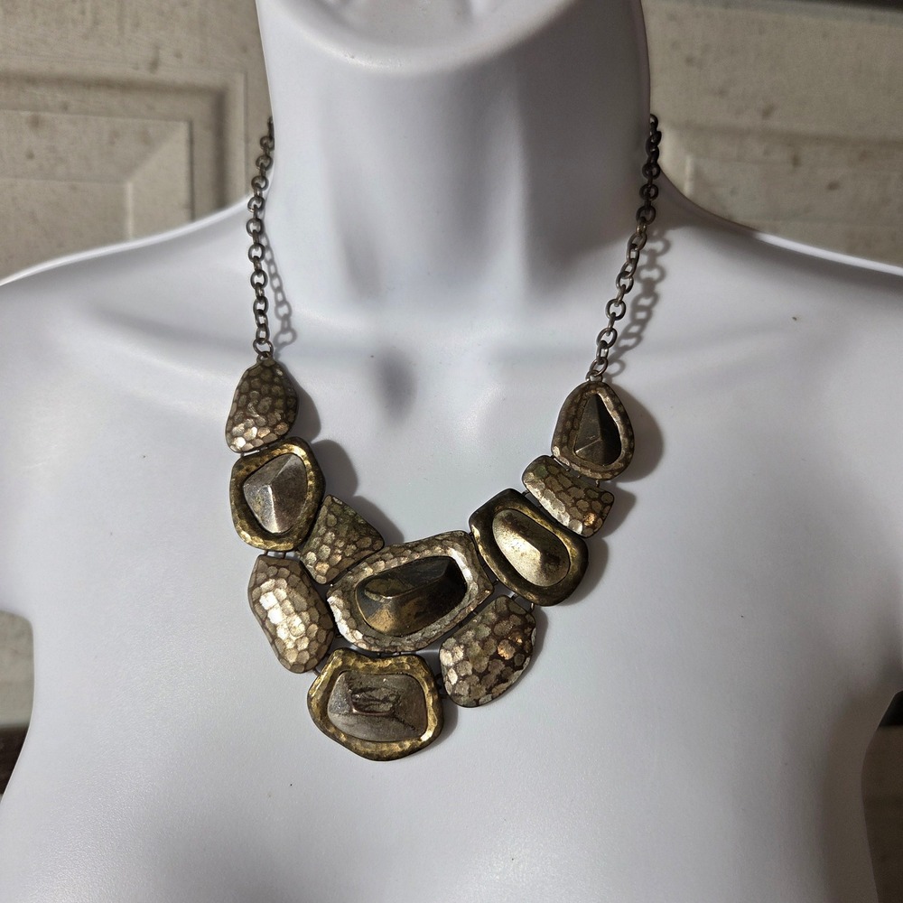 Chunky Hammered Metal Bib Necklace Tuscan Y2K Statement Mixed Metallic Boho